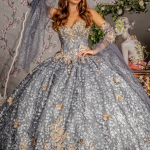 3D Butterfly Glitter Sweetheart Quinceanera Dress by GLS by Gloria - GL3318